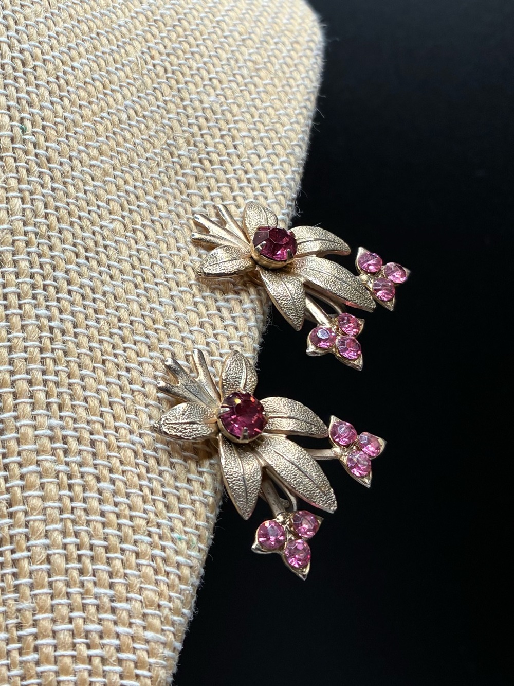 Vintage Gold-Tone Pink Crystal Floral Clip-On Earrings